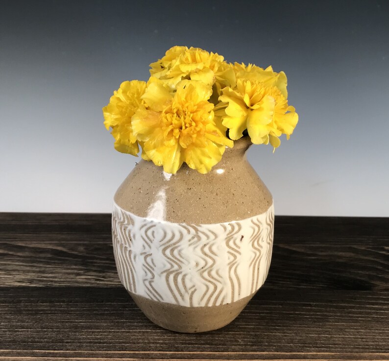 Bud vase/ small vase, natural tan with white slip and wavy design image 1