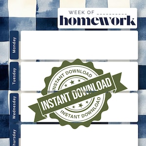 Navy Gingham Weekly Homework Planner | Classic Checked Student Agenda (Digital Download)