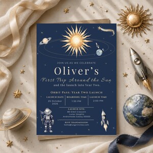 First Trip Around the Sun Invitation Editable Midnight Celestial Space First Birthday Invite Navy Gold Astronaut Rocket Canva Template