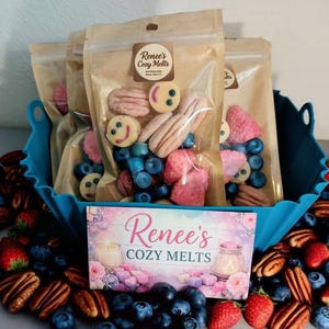 以下が含まれることがあります： 「Renee's Cozy Melts」とラベルが貼られた3つの透明な再封可能なポーチ。スマイリーフェイス、イチゴ、ブルーベリー、ピーカンの形をしたワックスメルトが入っており、ティールカラーのプラスチック製バスケットに入れられ、前面にブランドサインが添えられています。