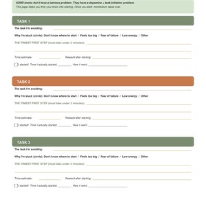 ADHD Executive Function Toolkit Printable 5 Pages, Task Initiation Planner, Time Blindness Tracker, Shame Free Win Log, Burnout Reset PDF