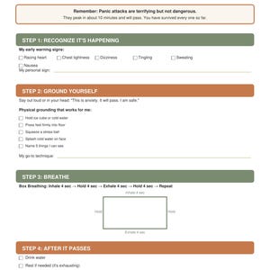 May include: A white Panic Attack Action Plan worksheet with green and orange headers. It includes four steps: Recognize It's Happening, Ground Yourself, Breathe, and After It Passes, featuring checkboxes for symptoms, grounding techniques, and a box breathing diagram.