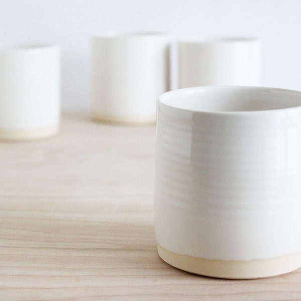 White pottery cups, handmade minimalist ceramic tumblers, set of four modern ceramic cups.