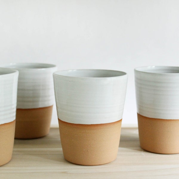 Four mugs without handles, white minimalist ceramic pottery coffee mug, tall tumbler set made in Virginia