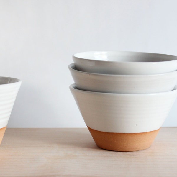Pottery bowl, four white ceramic bowls with angled sides, soup, ice cream, appetizer bowl, handmade modern pottery