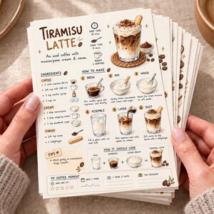 Puede incluir: Una tarjeta de receta impresa para un Tiramisu Latte con pasos ilustrados, ingredientes y un gráfico de café. La tarjeta incluye texto que detalla la preparación, el ensamblaje y una sección para notas, todo presentado en un diseño claro e instructivo.