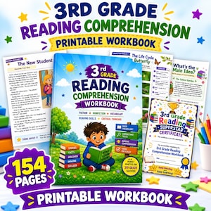 Op de afbeelding: Een printbaar werkboek voor begrijpend lezen voor groep 5, met een omslag waarop een kind leest in een grasveld, omringd door voorbeeldpagina's met fictie- en non-fictieteksten, woordenschat oefeningen en een Reading Superstar certificaat.