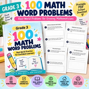 May include: A Grade 3 math workbook titled 100 Math Word Problems with a cartoon pencil and open book graphic. The cover features blue, yellow, and pink accents. Several white worksheets with printed math problems are displayed next to the book.
