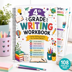 Könnte beinhalten: Ein spiralgebundenes Schreibarbeitsbuch für die 4. Klasse mit einem bunten Einband, der Illustrationen einer Glühbirne, eines Planeten, einer Rakete und Büchern zeigt. Der Text lautet 4th Grade Writing Workbook Creative Writing Practice for Confident Writers.