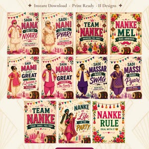 May include: A digital bundle of eleven Punjabi wedding signs featuring colorful illustrations of people in traditional attire, floral borders, and text including Sada Nana Sab Toh Nyare, Team Nanke, and Nanke Rule, all set against a cream background.