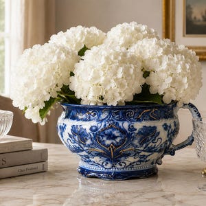 May include: A large, round, blue and white ceramic basin with an ornate, embossed floral pattern and gold-painted accents, featuring a single side handle and filled with a dense, rounded arrangement of white hydrangea flowers.