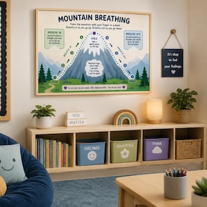 Könnte beinhalten: Ein rechteckiges Wandposter mit dem Titel MOUNTAIN BREATHING, das eine Bergillustration mit nummerierten Schritten für Atemübungen zeigt, einschließlich schriftlicher Anweisungen zum Einatmen, Anhalten und Ausatmen vor einer Landschaftskulisse.