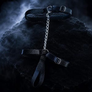 Könnte beinhalten: Ein schwarzes elastisches Geschirr mit einer silberfarbenen Metallkette, die ein oberes kreisförmiges Band mit einem unteren Teil verbindet. Das Design umfasst verstellbare Metallschieber an den schwarzen Stoffriemen für ein strukturiertes Accessoire.