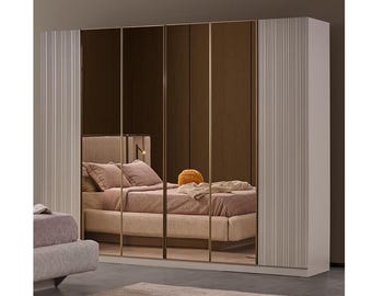 Modern 6 Door Glass Wardrobe Large Bedroom Armoire with Glass Doors Drawers Pants Rack Shelves Luxury Wood Closet Clothing Storage Cabinet