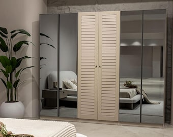 6 Door Wooden Wardrobe Armoire with Shelves and Drawers, Modern Bedroom Closet Organizer, Large MDF Clothing Storage Cabinet,Cambel Wardrobe
