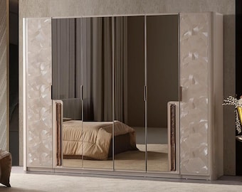 Modern 6 Door Wardrobe, Large MDF Wooden Closet, Bedroom Armoire with Mirror and Drawers, Clothes Storage Cabinet, Athena Luxury Wardrobe