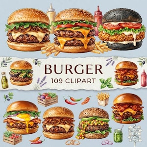 May include: A collection of burger illustrations featuring various toppings like cheese, bacon, fried eggs, and vegetables, alongside condiments and fries. The central text reads BURGER 109 CLIPART, with a small sign at the bottom labeled TASTE QUALITY FRESH CUSTOM SAUCES.