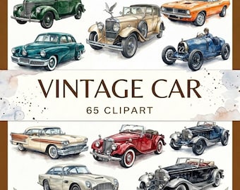 May include: A collection of watercolor illustrations featuring various vintage cars in different colors and styles, including a green sedan, an orange coupe, a blue race car, and several classic convertibles, with the text VINTAGE CAR 65 CLIPART.