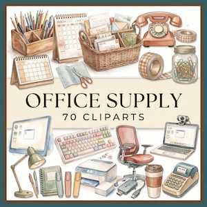 May include: A collection of office supply illustrations including a wooden pencil holder, calendars, a woven basket with papers, a rotary phone, tape rolls, a glass jar of paperclips, a computer, keyboard, printer, office chair, and laptop.