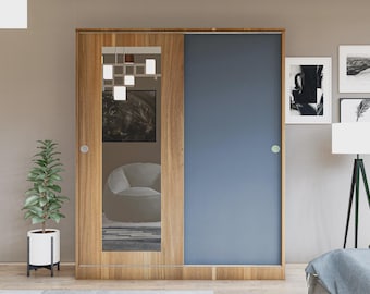 Sliding Door Wardrobe with Mirror, Anthracite Walnut Closet Organizer, Modern Compact Bedroom Armoire, Demountable Wooden Cabinet, 18mm