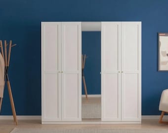 Luxury 5 Door Mirrored Wardrobe in White, Large Closet Armoire with Ball Handles, Modern Profile Bedroom Furniture, Extra Tall Clothing