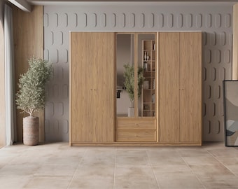 6 Door Mirrored Wardrobe with Drawers and Shelves, Large Freestanding Bedroom Closet, Travo MDF Wooden Armoire, Modern Clothing Storage