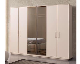 6-Door Wardrobe with LED Lighting, Large Modern Bedroom Closet System, Luxury Wooden Armoire with Drawers & Shelves, Massive Storage Unit
