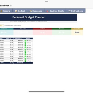 Könnte beinhalten: Eine digitale Benutzeroberfläche für einen persönlichen Budgetplaner auf einem Bildschirm. Das Dashboard enthält Registerkarten für Einkommen, Budget, Ausgaben und Sparziele. Eine Tabelle listet Kategorien wie Wohnen und Lebensmittel mit Spalten für Budget und Status auf.