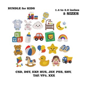 Op de afbeelding: Een digitaal borduurontwerppakket voor kinderen met 20 kleurrijke iconen, waaronder een trein, rammelaar, rompertje, konijn, wolk, wieg, maan, sterren, blokken, fles, auto, boek, regenboog, teddybeer, bal, ballonnen, schoenen, vlieger, paard, eend, pop en vrachtwagen.