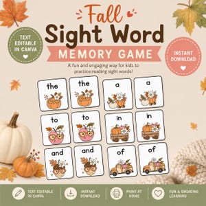 May include: A digital memory game set featuring twelve square cards with autumn-themed illustrations of pumpkins, acorns, and trucks. Each card displays sight words including the, a, to, in, and, of. The design includes text stating Fall Sight Word Memory Game.