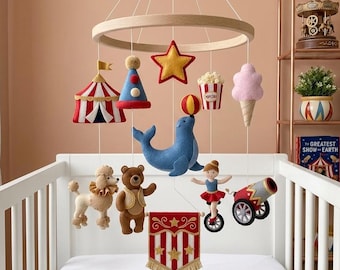 Circus Animal Baby Mobile, Handmade Felt Crib Mobile, Carnival Nursery Decor, Nursery Hanging, Baby Shower Gift, Crib Decor