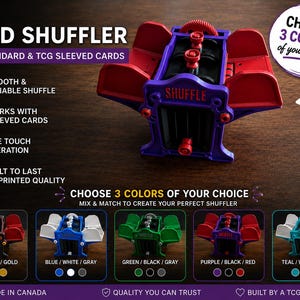 May include: A purple and red mechanical card shuffler for standard and TCG sleeved cards. The device features a central gear mechanism, four card slots, and the word SHUFFLE printed on the front. The image displays various color combinations.