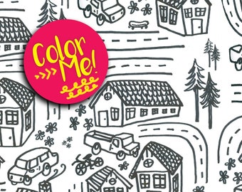 Instant Download Neighborhood Coloring Page - Coloring Pages Download - Coloring Pages Kids - House Coloring Page - Car Drawing