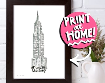 PRINTABLE WALL ART - Empire State Building Illustration Art Print - New York City Digital Download Art Print - Nyc Pencil Drawing