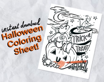 Printable Halloween Coloring Page, Digital Download Coloring for Kids, Halloween Illustration, Hand Drawn Coloring Page