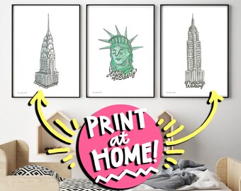 PRINTABLE WALL ART - New York City Architecture Illustration Art Print - Digital Download Art Print - Nyc Drawing