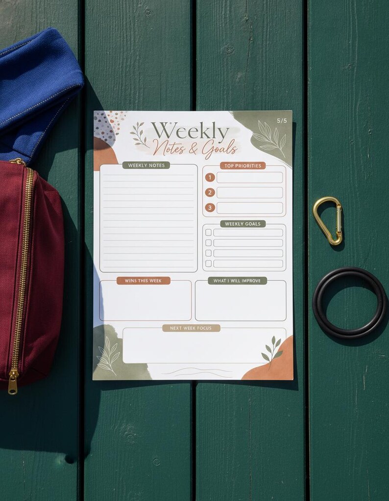 Printable training documentation sheet with space for weekly gym session logs and strength gain tracking
