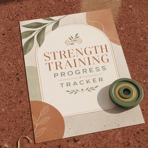 May include: A rectangular strength training progress tracker paper with a white center, beige and terracotta accents, and green leaf illustrations. The text reads STRENGTH TRAINING PROGRESS TRACKER. A small green weight plate and a gold chain are present.