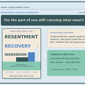 Op de afbeelding: Een digitaal werkboek getiteld Resentment Recovery Workbook van Peppie & Bean Therapy Tools. De omslag bevat een staafdiagram, de tekst Finding Peace Without Forced Forgiveness en de naam van de auteur Caroline Aaron, MSW, LICSW.