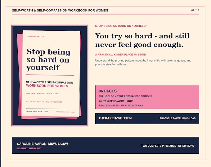 Self-Worth & Self-Compassion Workbook for Women | Stop Being So Hard on Yourself | Therapist-Written Digital Download