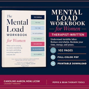 May include: The Mental Load Workbook for Women is a 102-page therapist-written, full-color PDF printable download. The cover features a list of topics including the schedule, kids, home, appointments, finances, emotions, relationships, and planning.