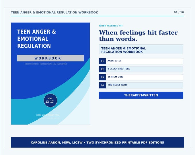 Teen Anger and Emotional Regulation Therapist Written Workbook, Coping Skills, Communication Tools, Printable PDF, (Digital Download)