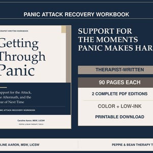 Puede incluir: Un libro de ejercicios digital titulado Getting Through Panic, escrito por un terapeuta. La portada incluye el subtítulo Support for the Attack, the Aftermath, and the Fear of Next Time. Incluye 90 páginas, dos ediciones en PDF y es una descarga imprimible.