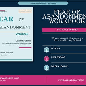 Könnte beinhalten: Ein Fear of Abandonment Arbeitsbuch mit hellblauem Einband, weißem Text und pinkfarbenen Akzenten. Der Einband trägt die Aufschrift: Fear of Abandonment Workbook, Calm the alarm. Build safety without losing yourself. Caroline Aaron, MSW, LICSW.