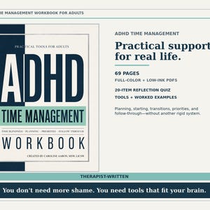 Puede incluir: Un libro de ejercicios de gestión del tiempo para adultos con TDAH, con una portada de texto en azul oscuro y verde azulado. La página muestra detalles que incluyen 69 páginas, un cuestionario de reflexión de 20 puntos y herramientas de apoyo.