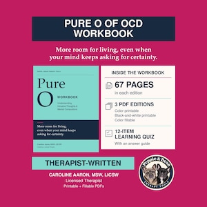 Può includere: Un quaderno di esercizi digitale intitolato Pure O of OCD Workbook con copertina color verde acqua, 67 pagine, 3 edizioni PDF e un quiz di 12 domande. Scritto dalla terapeuta Caroline Aaron, MSW, LICSW, con il logo Peppie & Bean.