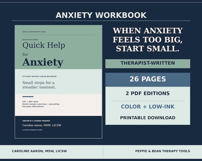 Anxiety Workbook Therapist-Written: CBT, DBT, Somatic Exercises & Grounding, Printable PDF (Digital Download)
