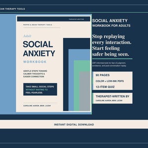 May include: A digital workbook titled Social Anxiety Workbook for Adults by Peppie & Bean Therapy Tools. The cover is cream with dark blue text, featuring the subtitle Gentle Steps Toward Calmer Thoughts & Easier Connection and 90 pages total.