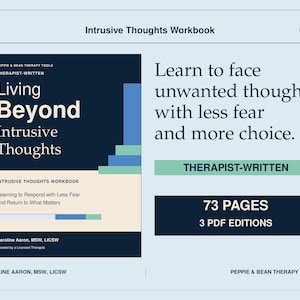 May include: A digital workbook titled Living Beyond Intrusive Thoughts by Caroline Aaron, MSW, LICSW. The cover is dark blue and cream with blue and green geometric accents. The text reads Learn to face unwanted thoughts with less fear and more choice.