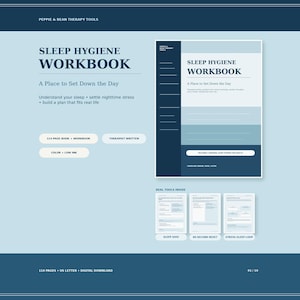May include: A Sleep Hygiene Workbook digital download featuring a 114-page book with a light blue and dark blue cover. The workbook includes sections for a sleep quiz, a 60-second reset, and a stress-sleep loop, designed to help settle nighttime stress.